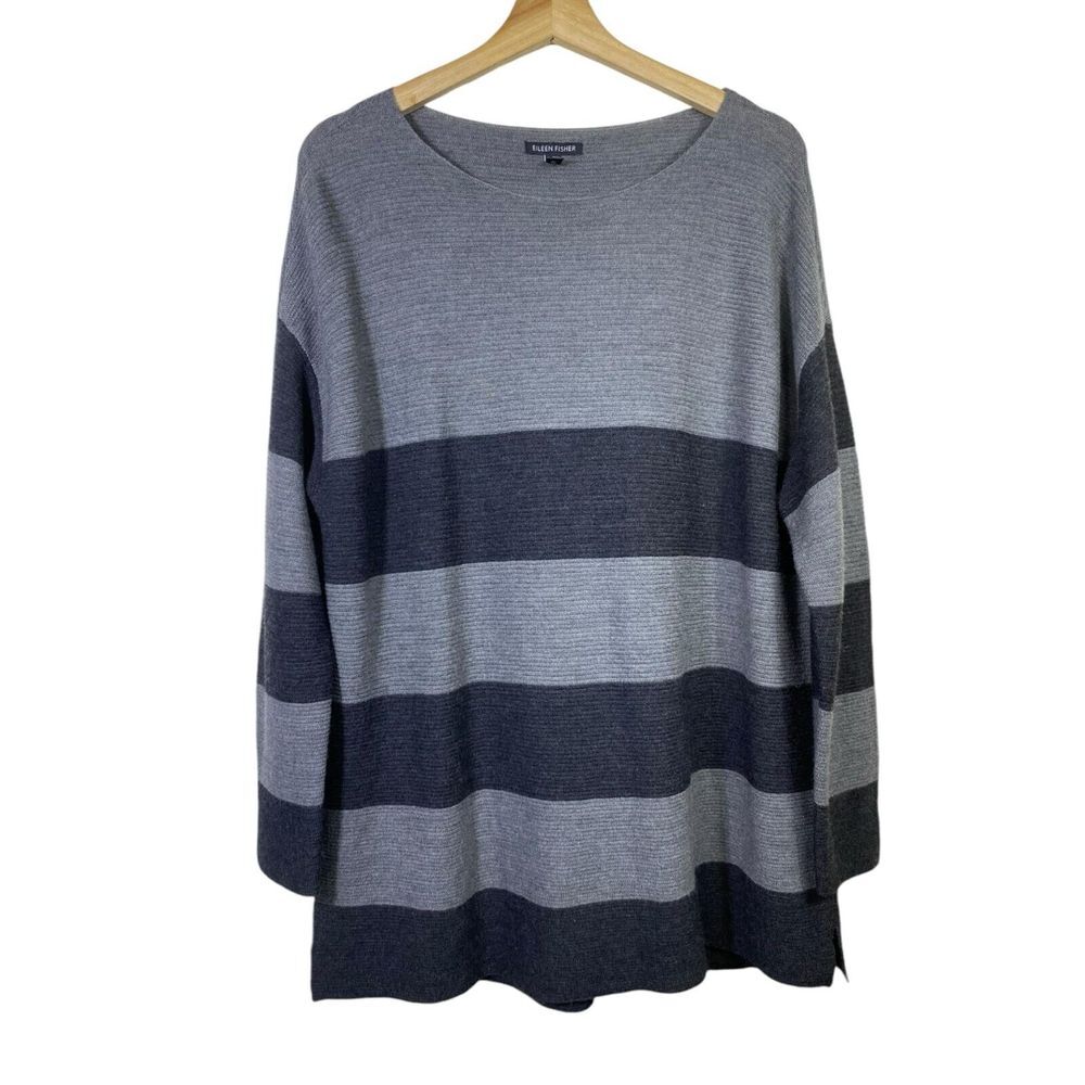 Eileen Fisher Sweater Women Sz M Merino Wool Gray Black Stripe Pullover Tunic
